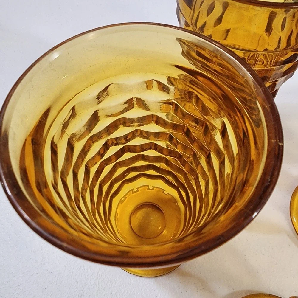 Vintage Whitehall Colony Cubist Indiana Glass Amber Footed Tumbler 6